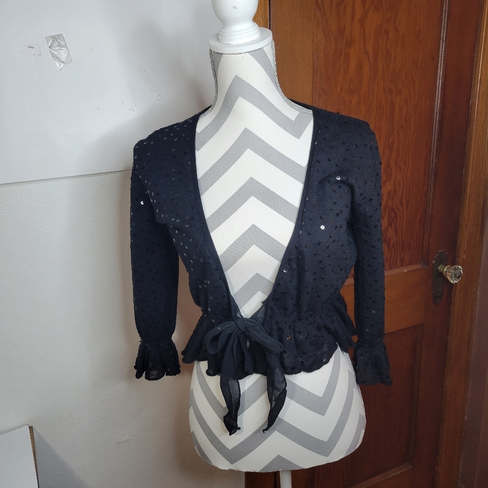 Womans Necessary Objects Black Sequin Tie Front Ruffled bottom/wrists Size Large